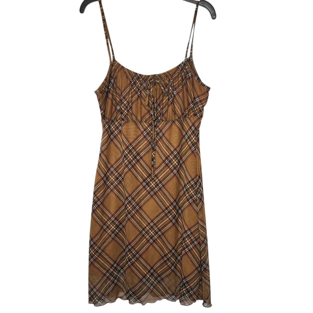90s Plaid Mesh Mini Dress Grunge Lettuce Hem Y2K Dark Academia Aesthetic Large